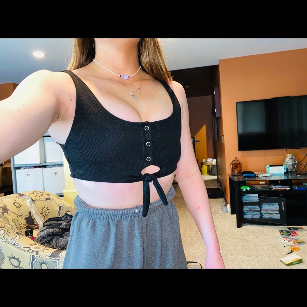 Ribbed button up tie-front bikini top in black (: